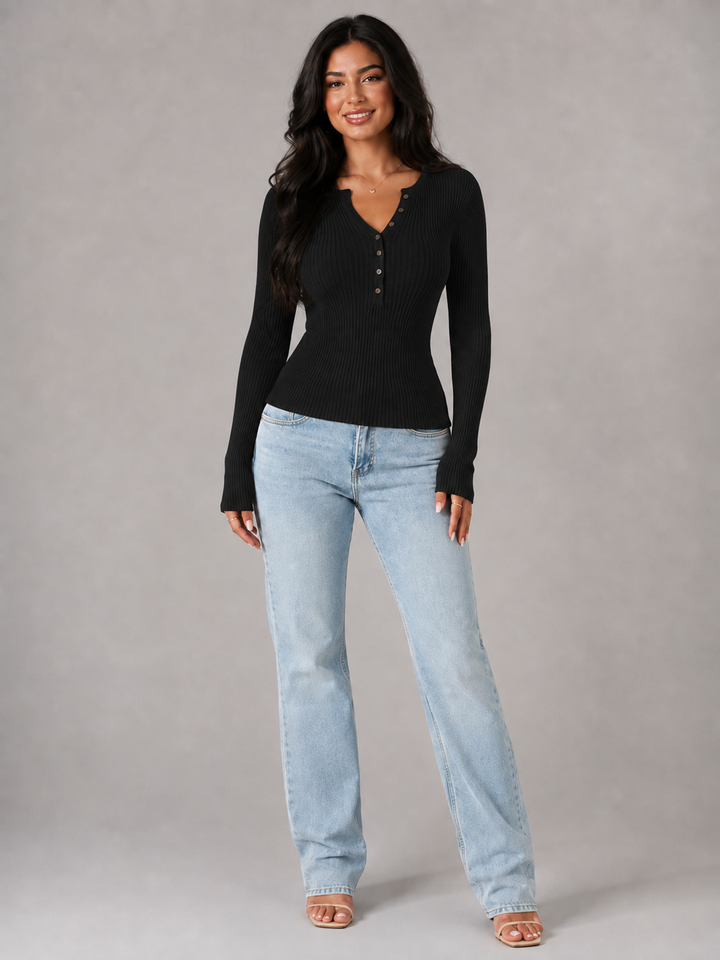 Ribbed Knit Henley Top with Button Placket