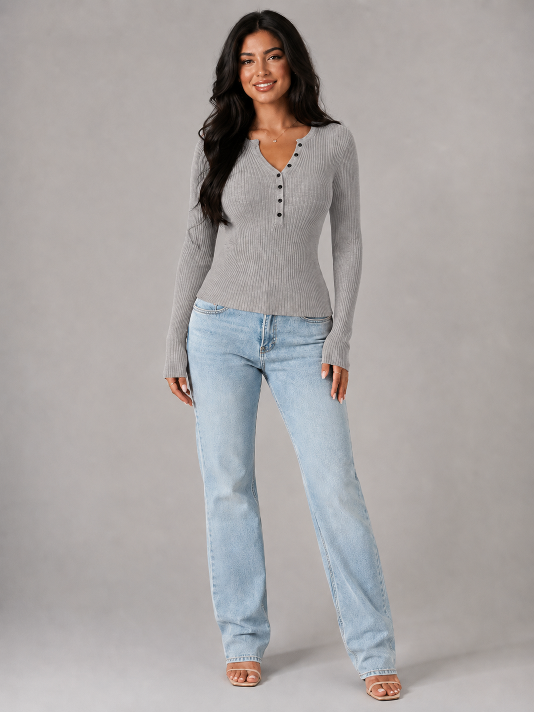 Ribbed Knit Henley Top with Button Placket