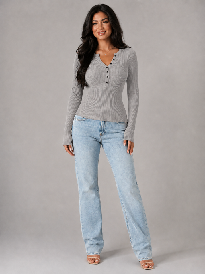 Ribbed Knit Henley Top with Button Placket