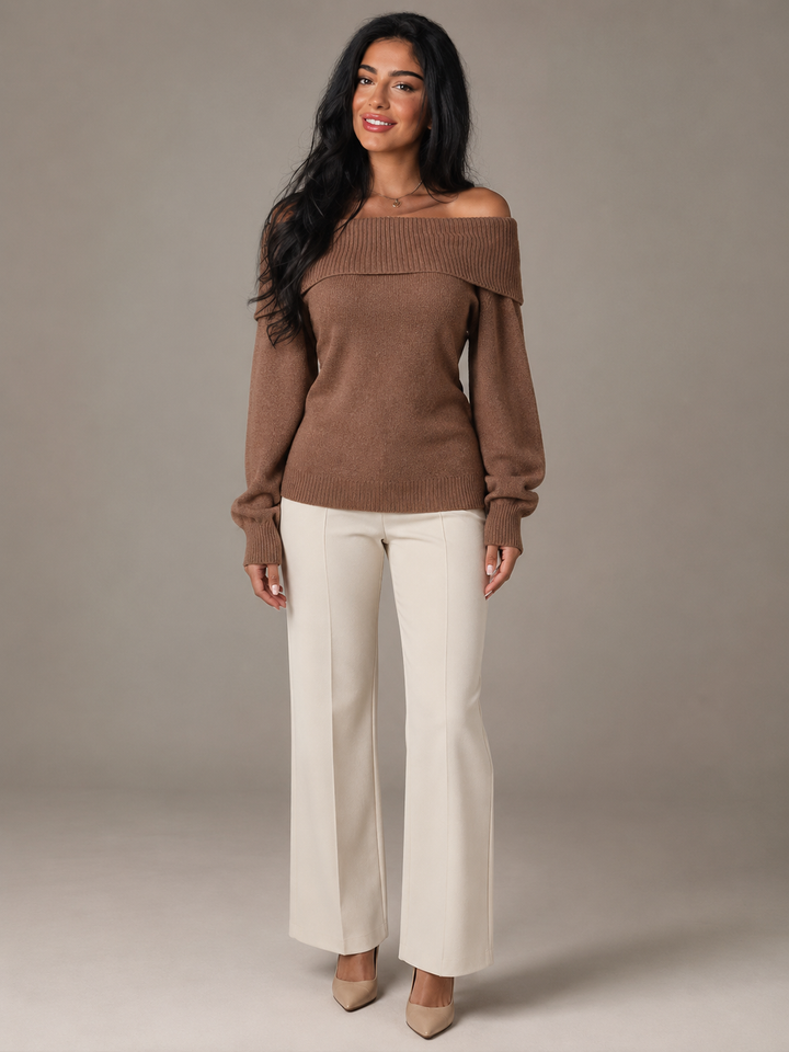 Soft Knit Off-Shoulder Fold-Over Sweater