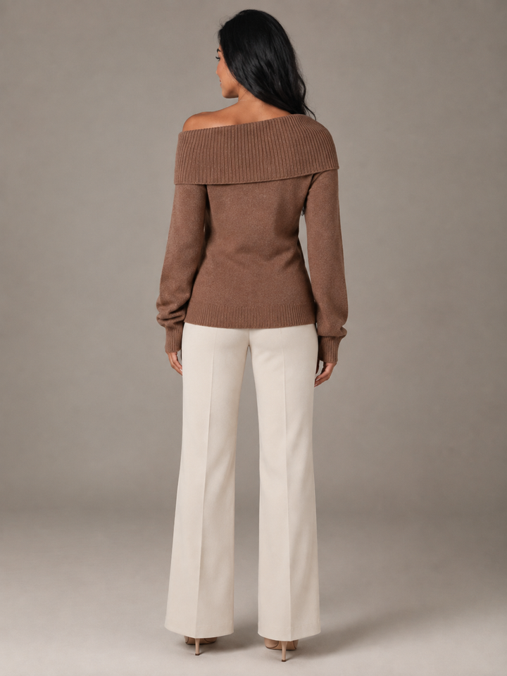 Soft Knit Off-Shoulder Fold-Over Sweater