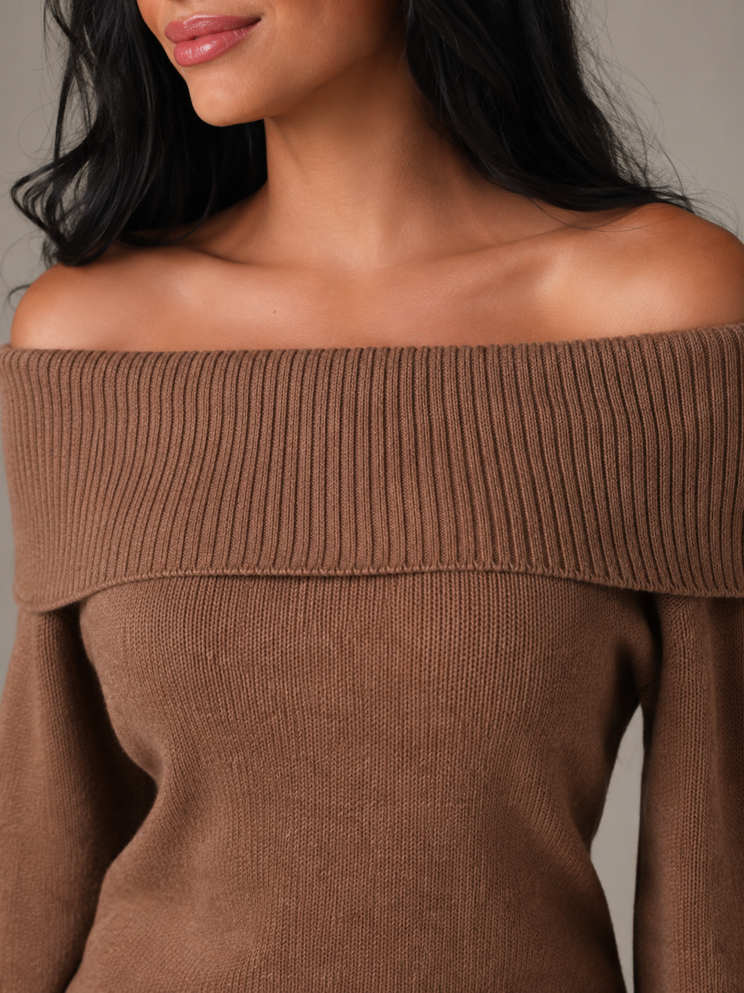 Soft Knit Off-Shoulder Fold-Over Sweater