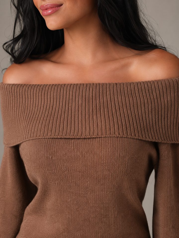 Soft Knit Off-Shoulder Fold-Over Sweater
