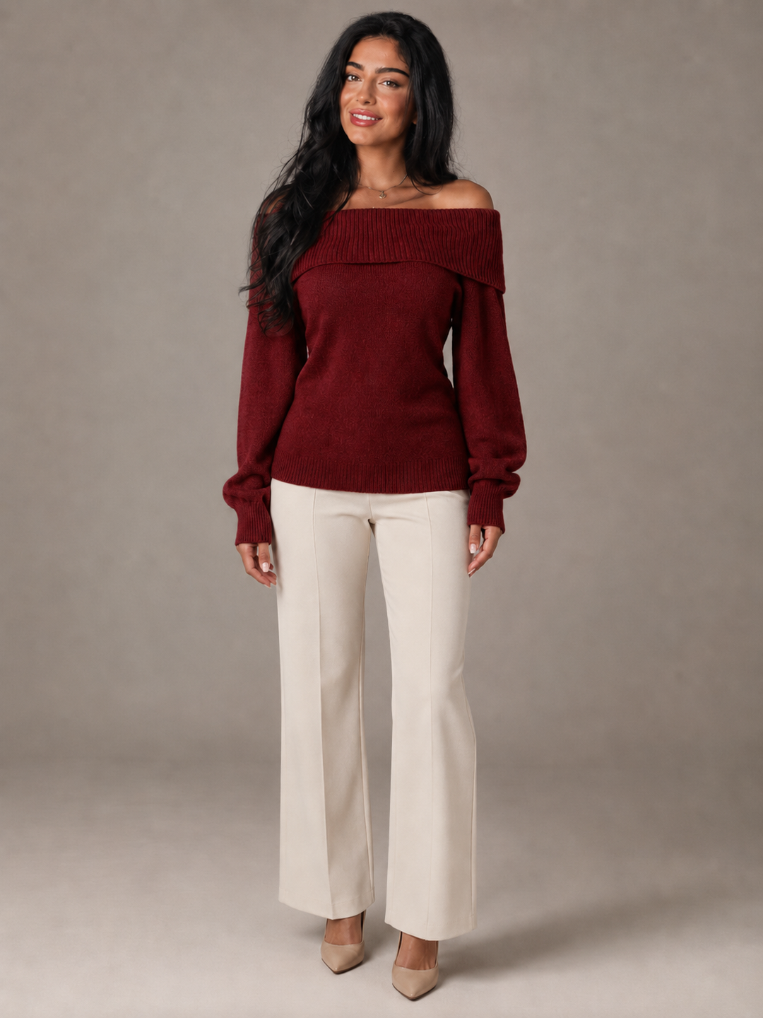Soft Knit Off-Shoulder Fold-Over Sweater