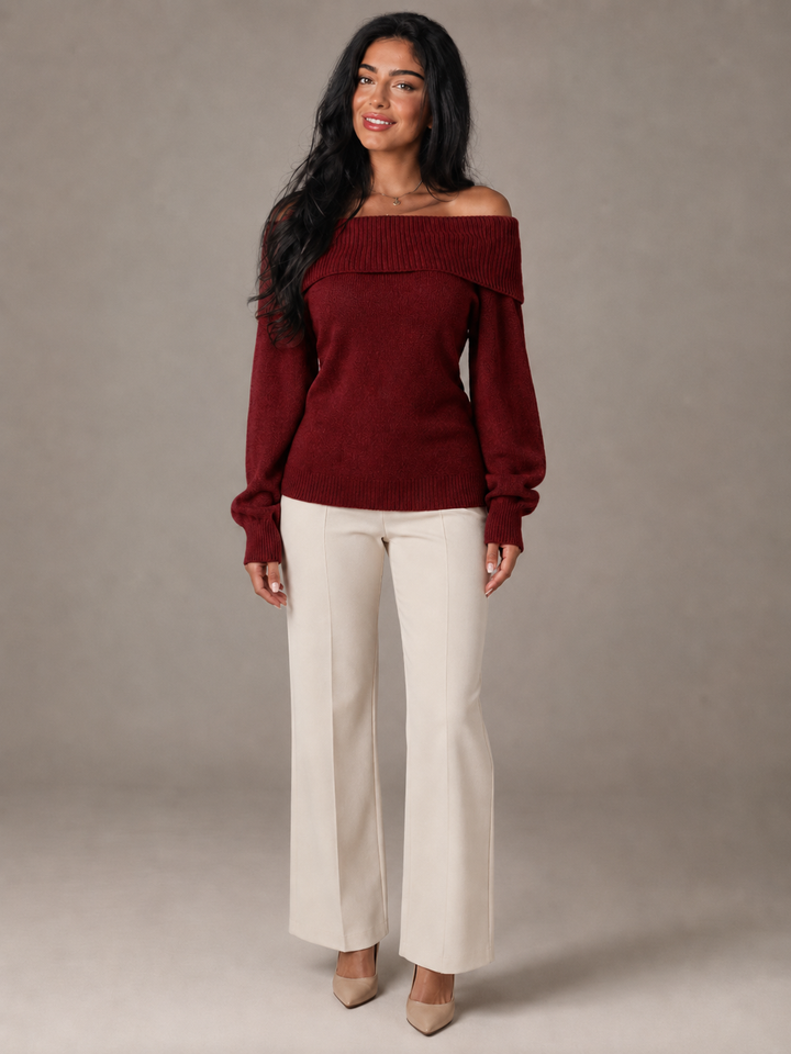 Soft Knit Off-Shoulder Fold-Over Sweater