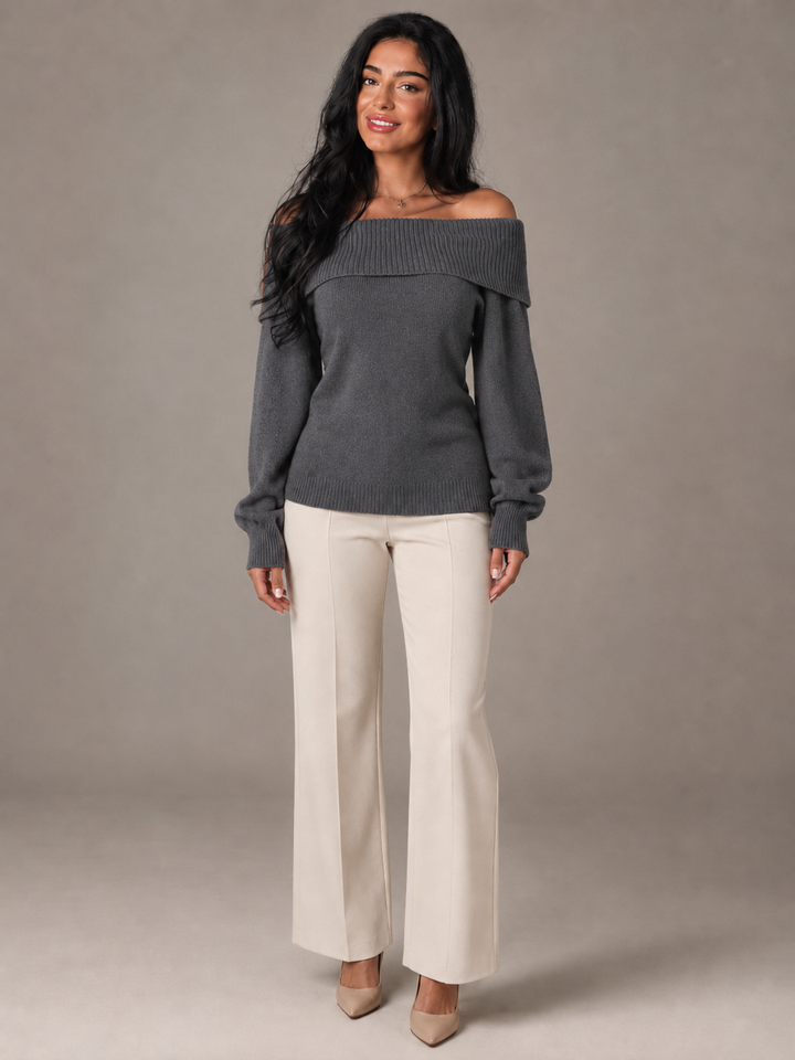 Soft Knit Off-Shoulder Fold-Over Sweater