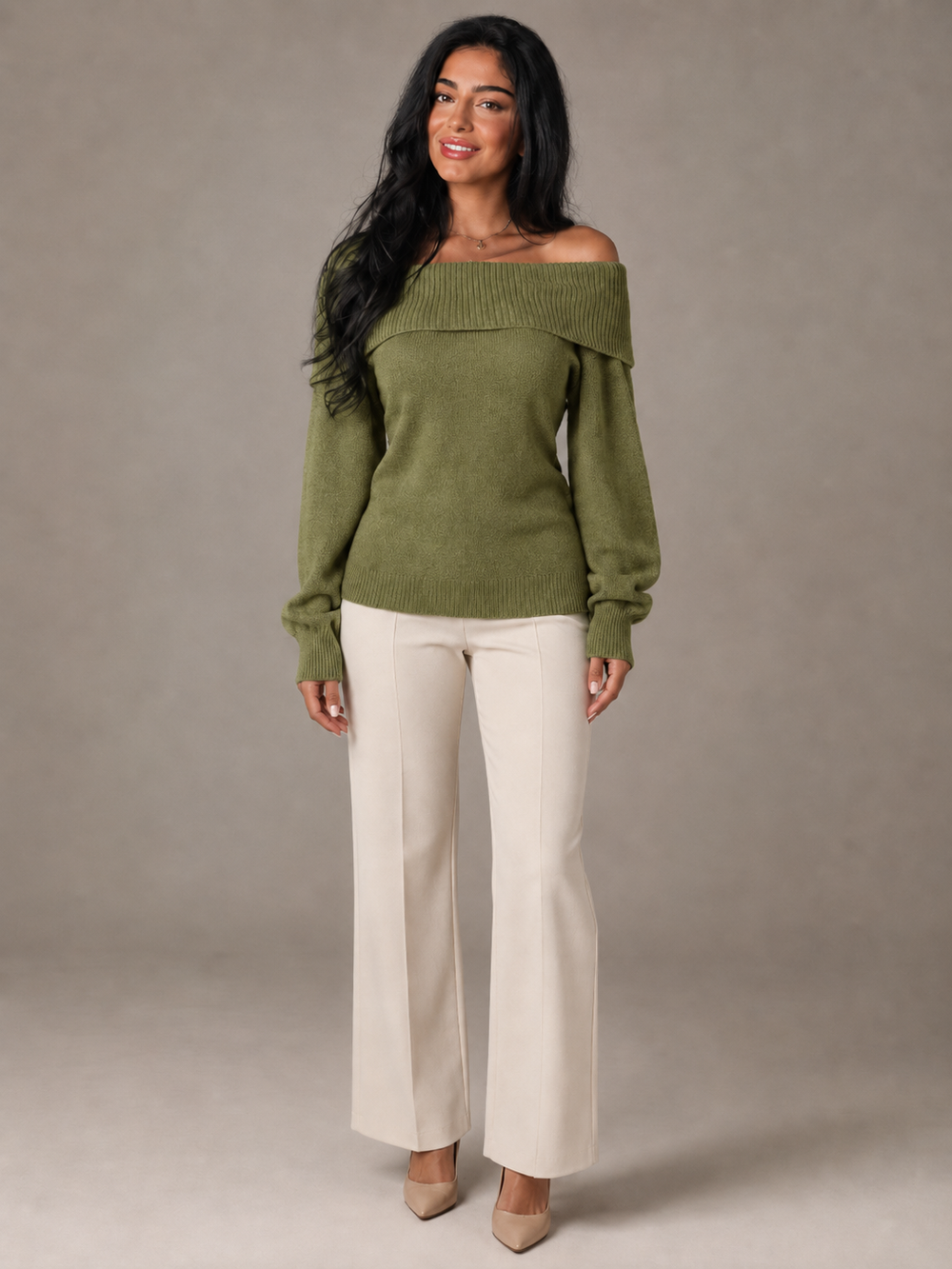 Soft Knit Off-Shoulder Fold-Over Sweater