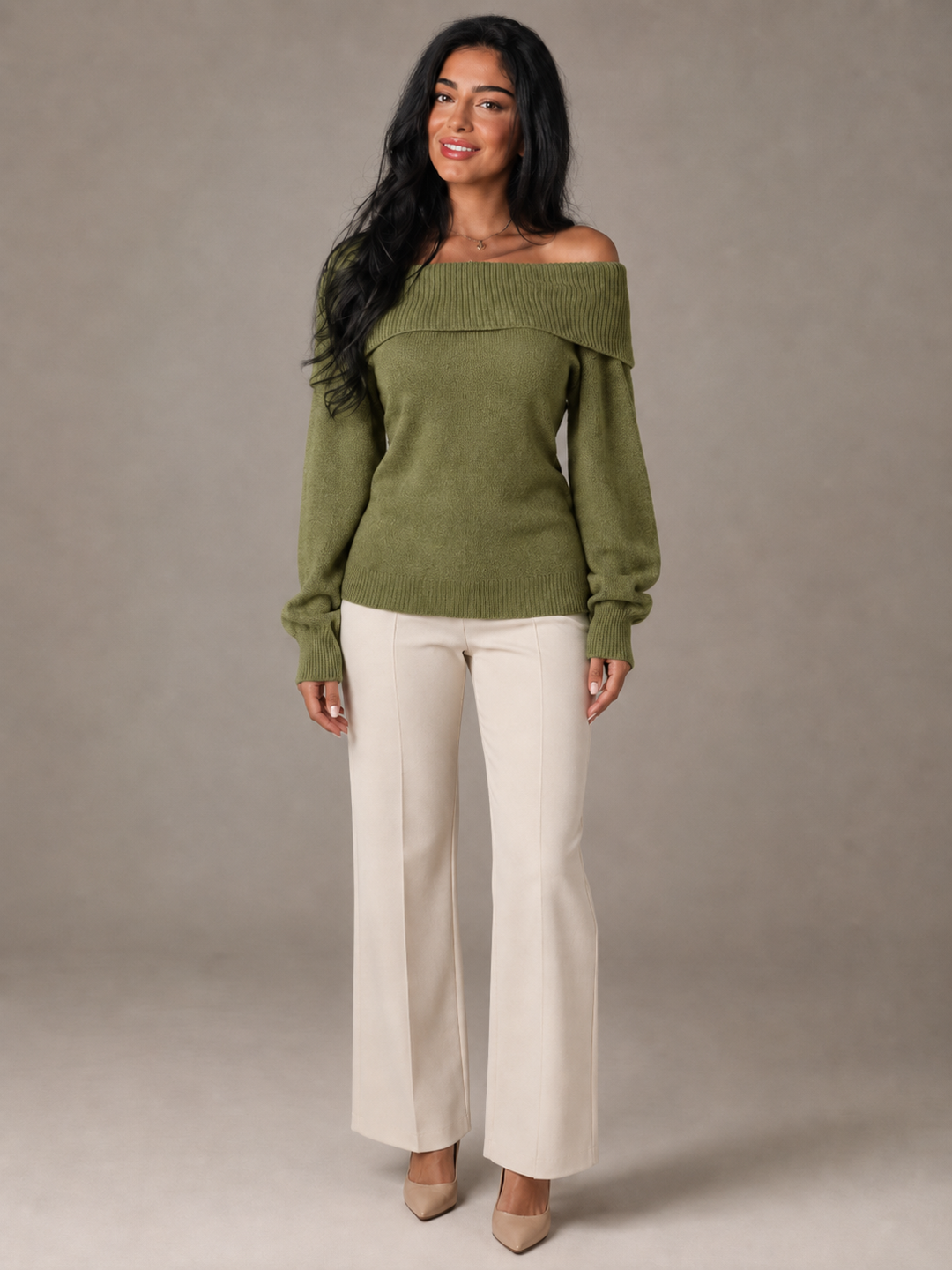 Soft Knit Off-Shoulder Fold-Over Sweater