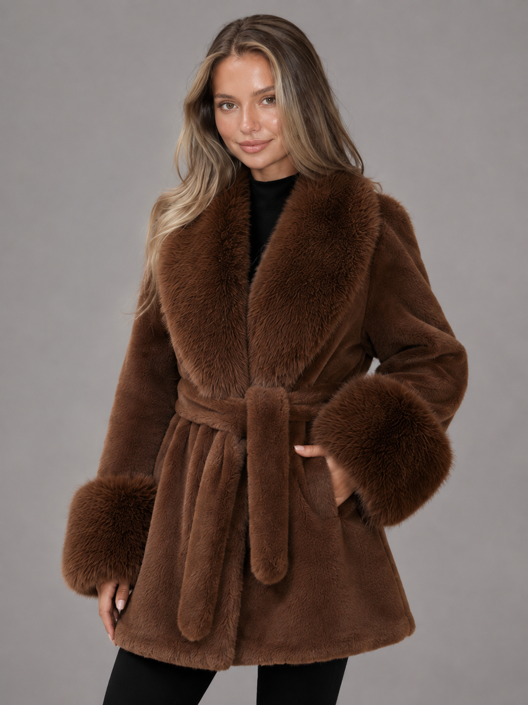 Belted Faux Fur Collar Coat for Women