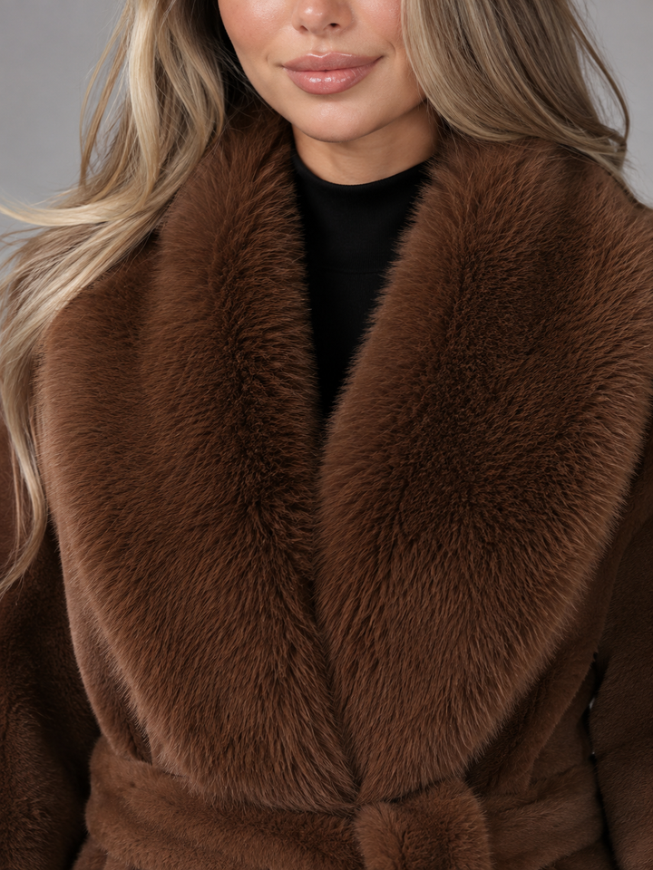 Belted Faux Fur Collar Coat for Women