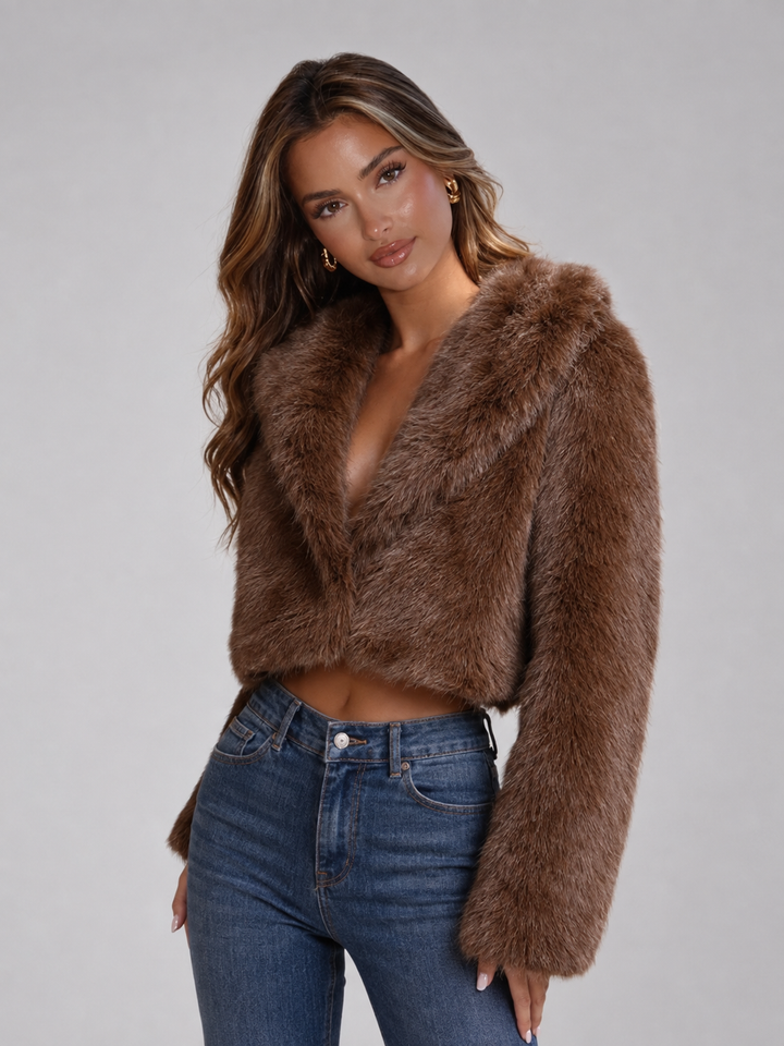 Cropped Faux Fox Fur Jacket with Wide Collar