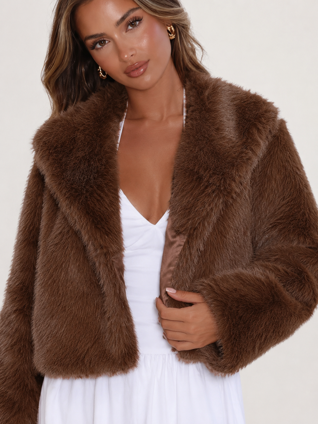 Cropped Faux Fox Fur Jacket with Wide Collar