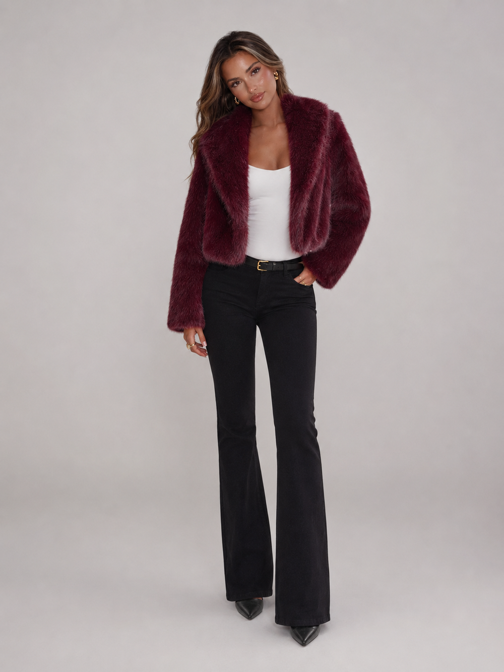 Cropped Faux Fox Fur Jacket with Wide Collar