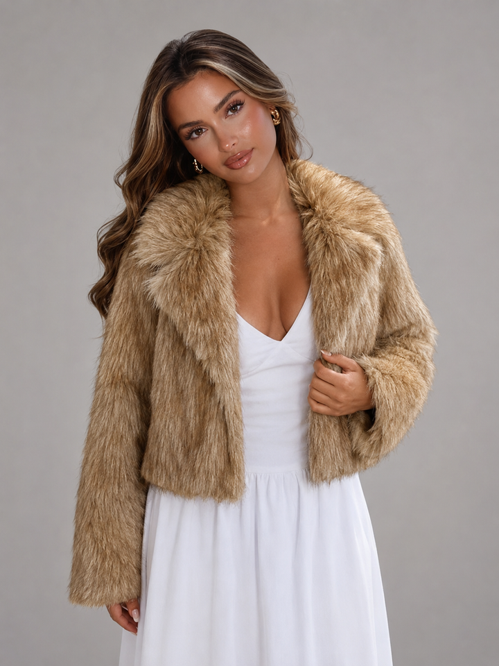 Beige Cropped Faux Fur Jacket with Tailored Collar
