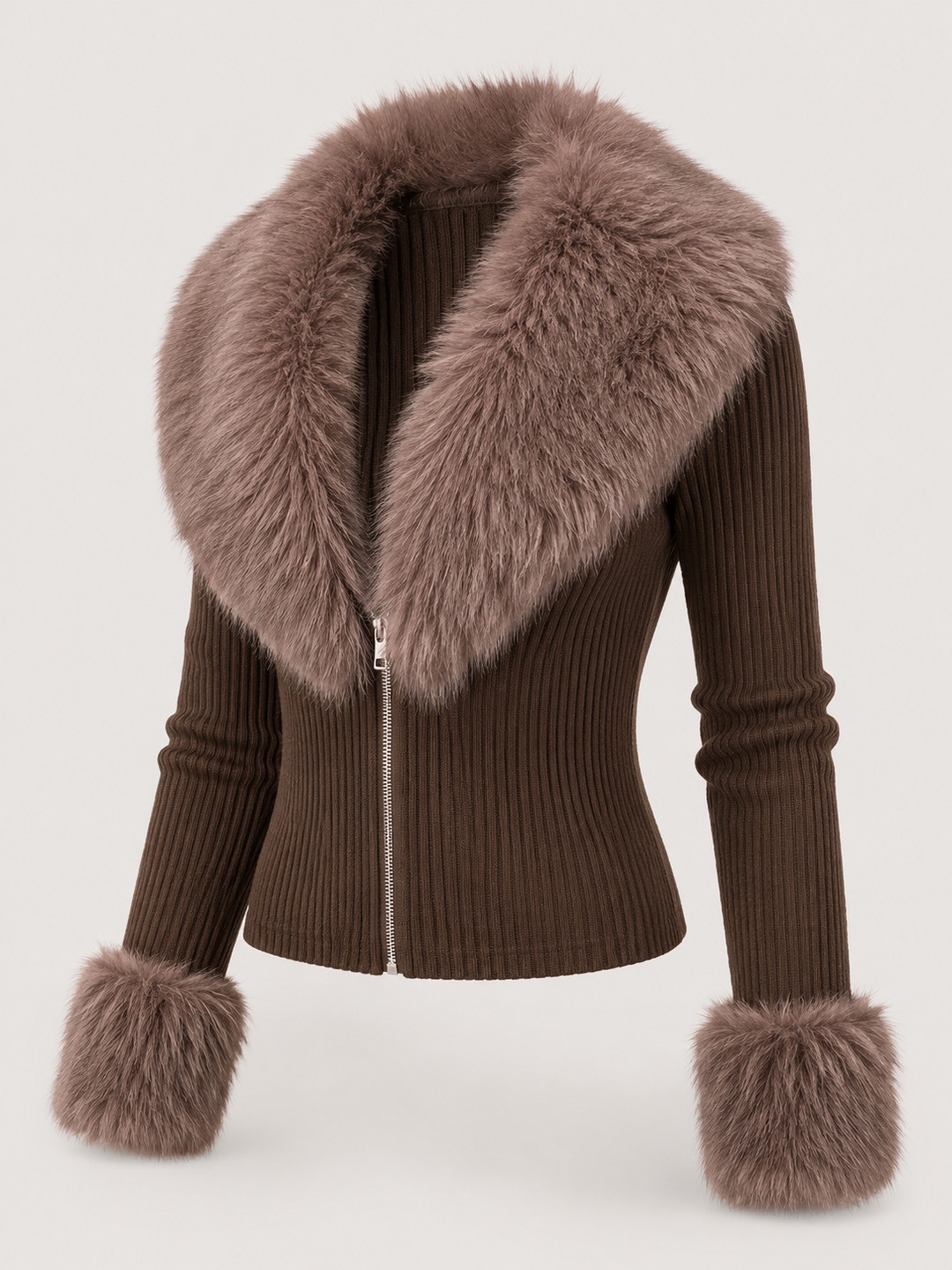 Ribbed Knit Zip Cardigan with Faux Fur Collar