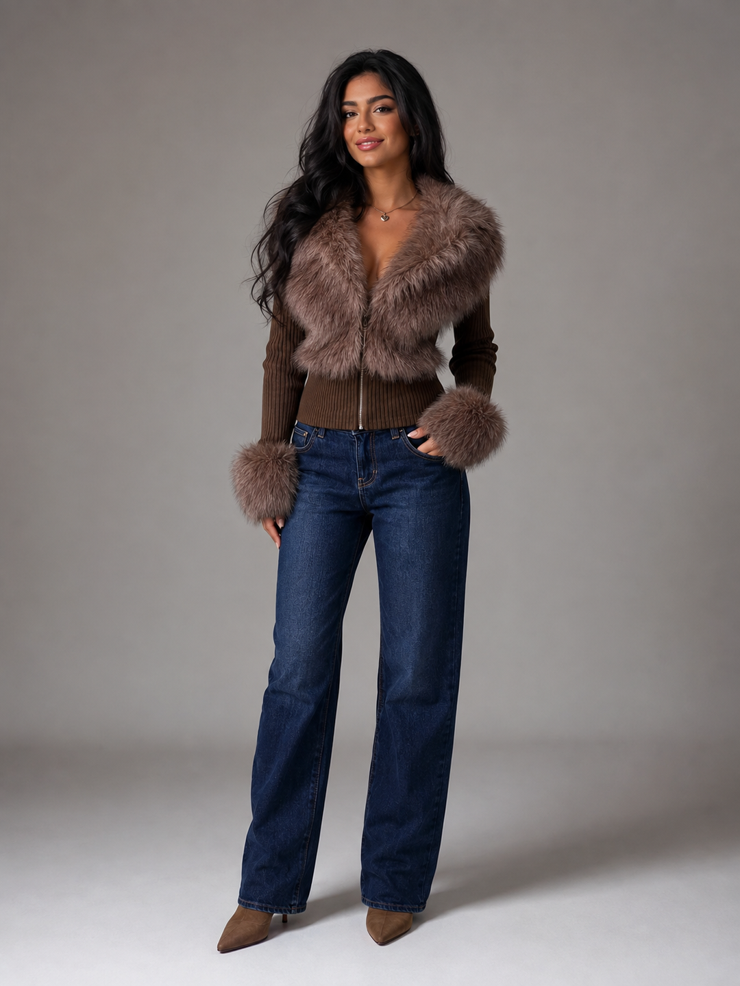Ribbed Knit Zip Cardigan with Faux Fur Collar