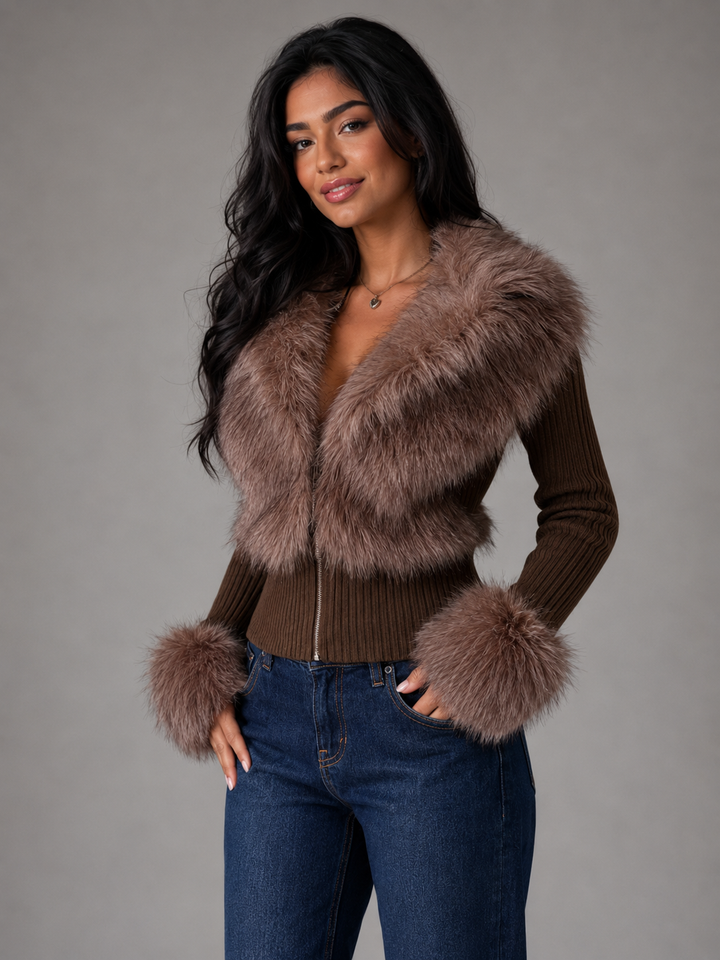 Ribbed Knit Zip Cardigan with Faux Fur Collar