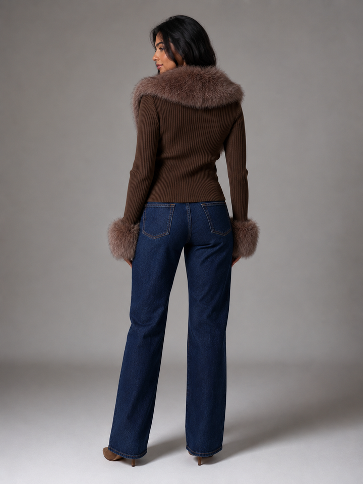 Ribbed Knit Zip Cardigan with Faux Fur Collar