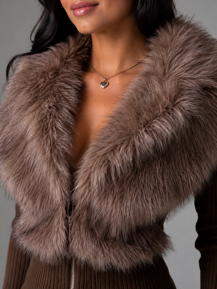 Ribbed Knit Zip Cardigan with Faux Fur Collar