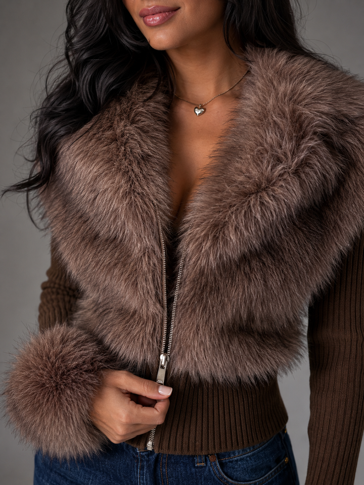 Ribbed Knit Zip Cardigan with Faux Fur Collar