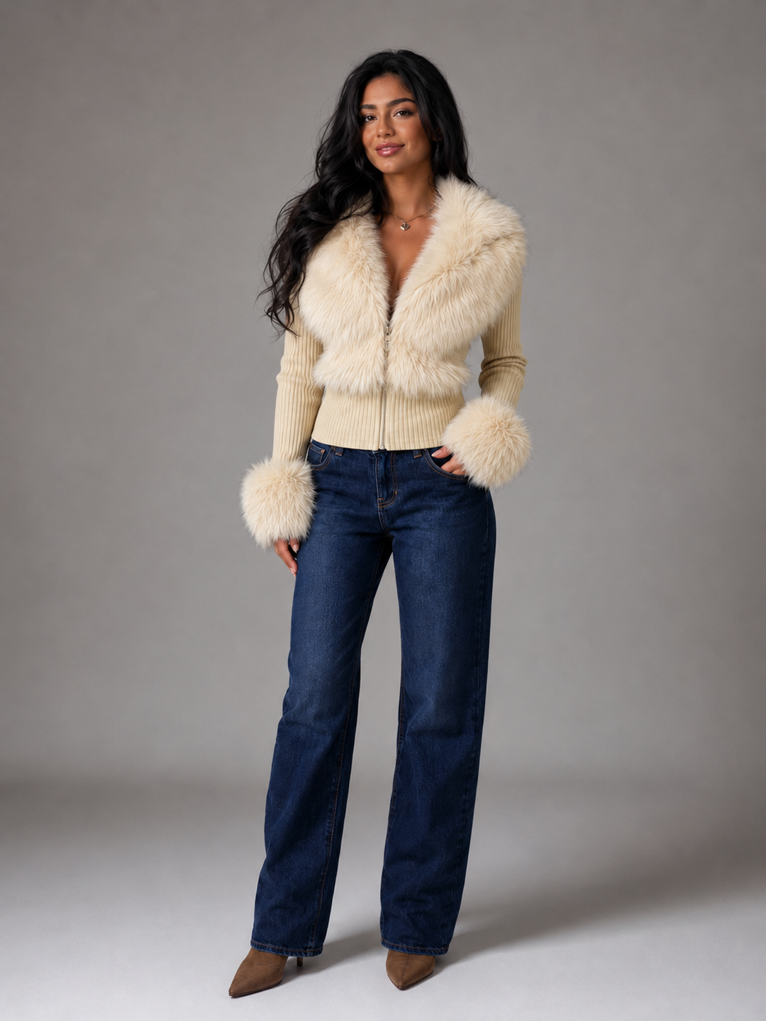 Ribbed Knit Zip Cardigan with Faux Fur Collar