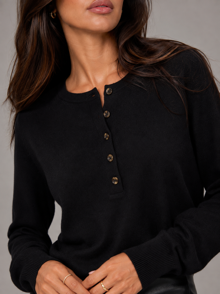 Fine Knit Henley Sweater with Button Placket