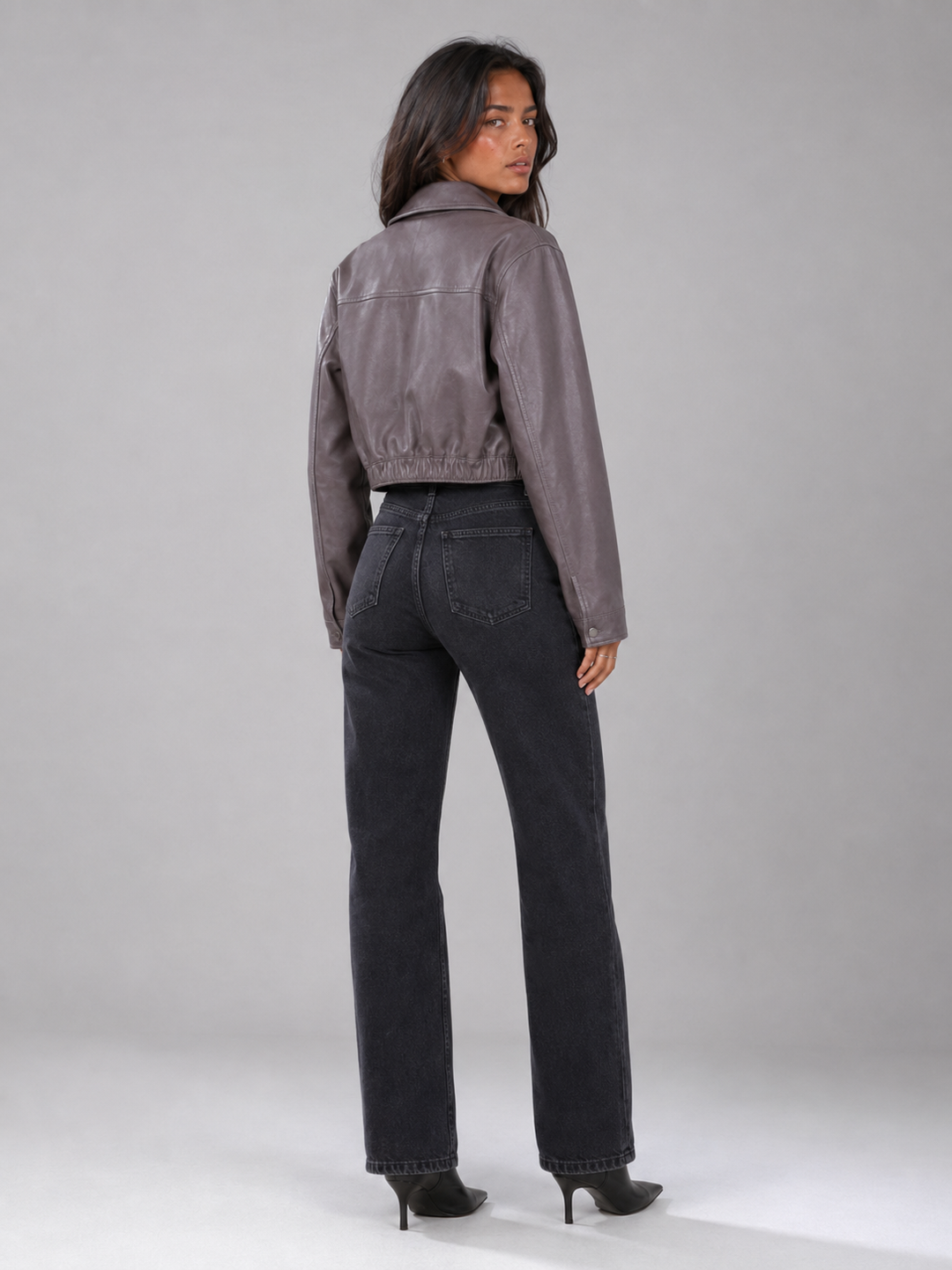 Washed Faux Leather Cropped Trucker Jacket