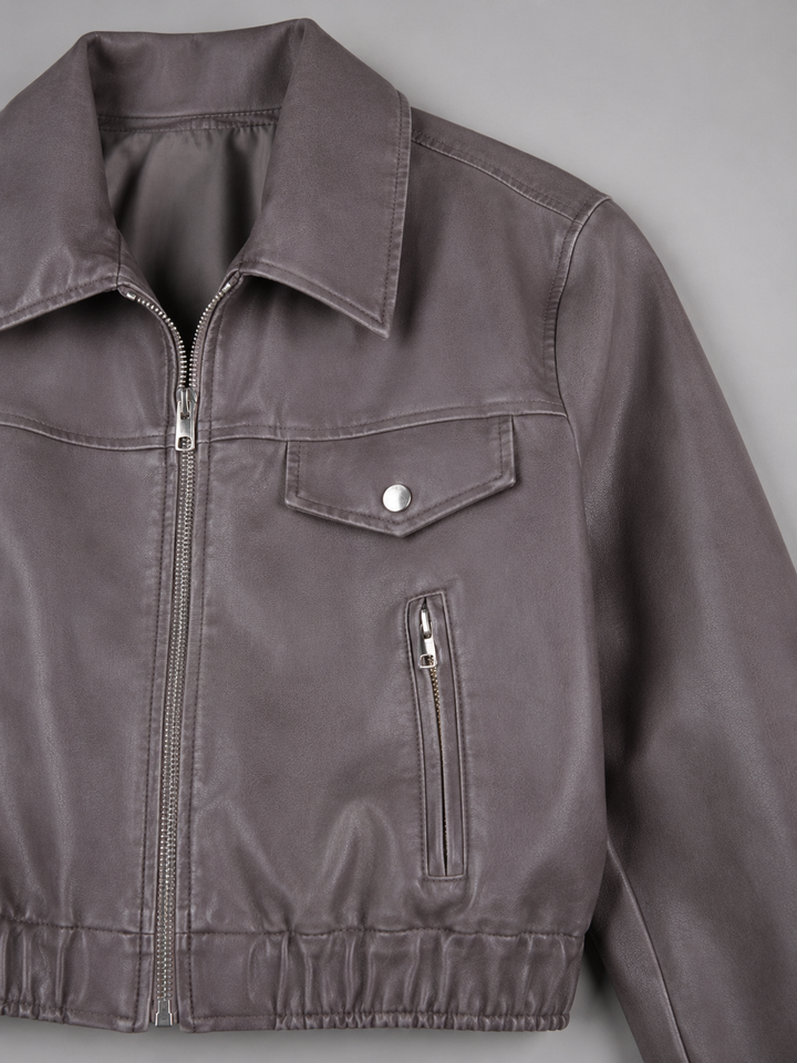 Washed Faux Leather Cropped Trucker Jacket