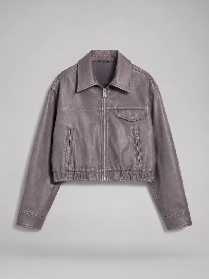Washed Faux Leather Cropped Trucker Jacket