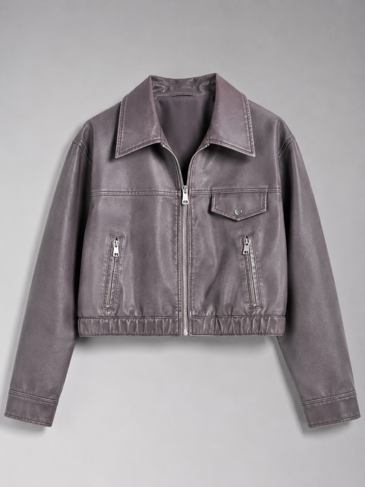 Washed Faux Leather Cropped Trucker Jacket