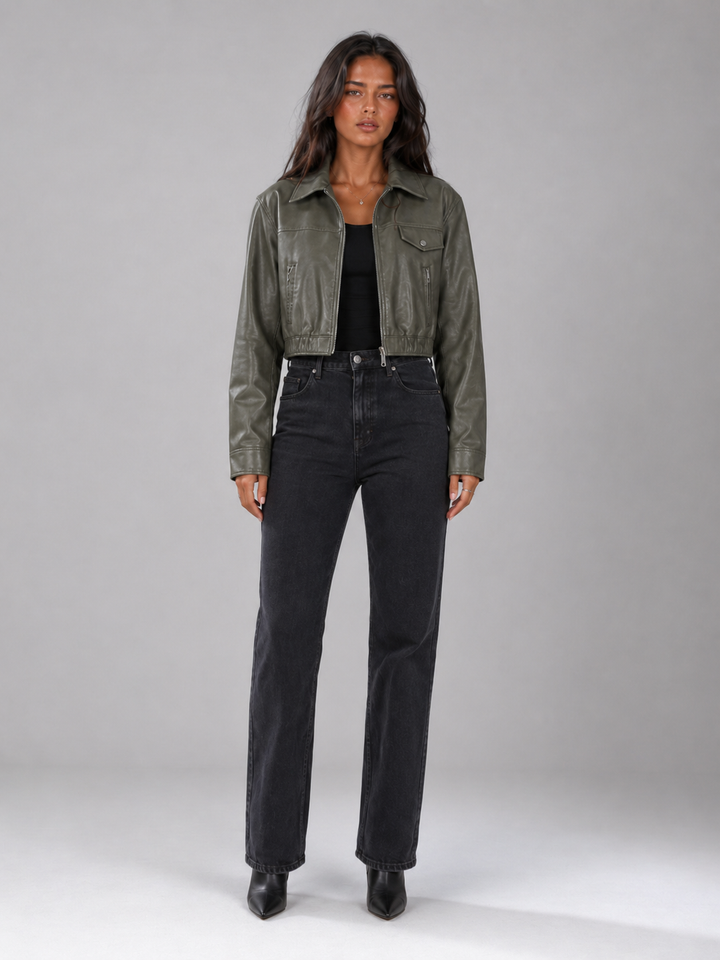Washed Faux Leather Cropped Trucker Jacket
