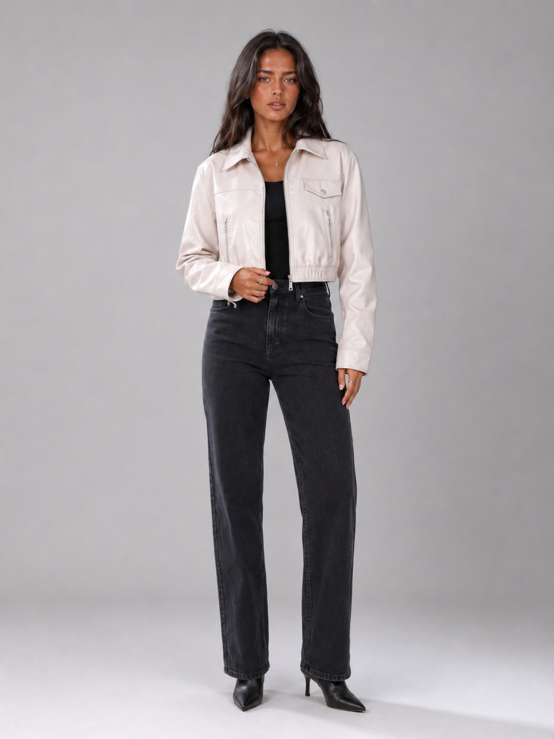 Washed Faux Leather Cropped Trucker Jacket