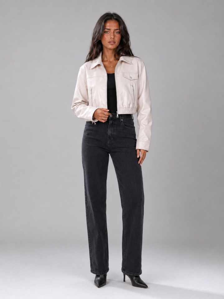 Washed Faux Leather Cropped Trucker Jacket