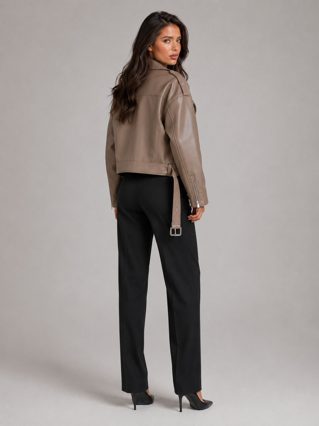 Oversized Faux Leather Biker Jacket with Belted Hem