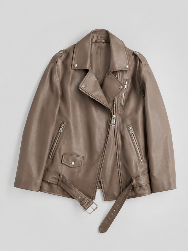 Oversized Faux Leather Biker Jacket with Belted Hem