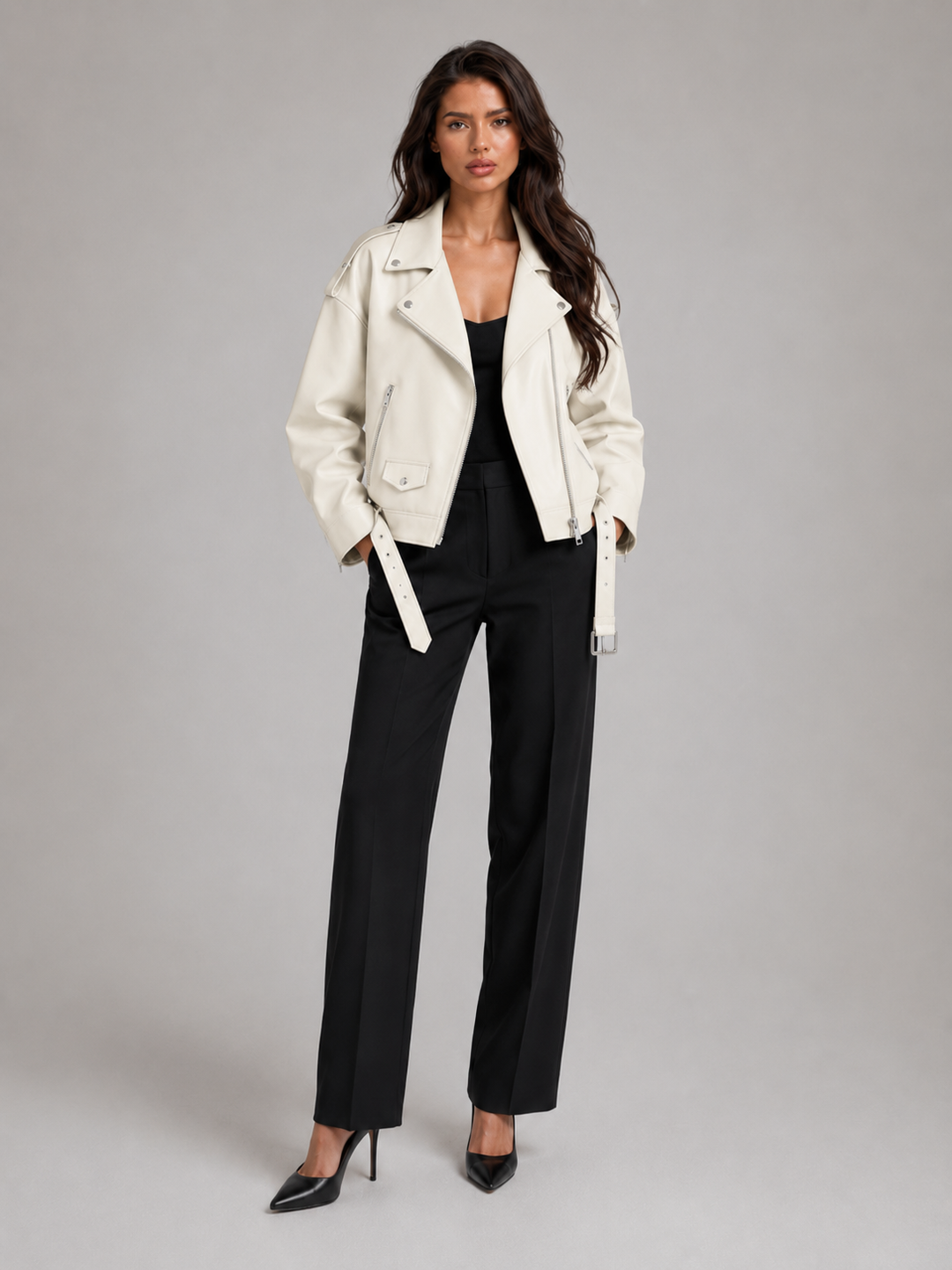 Oversized Faux Leather Biker Jacket with Belted Hem