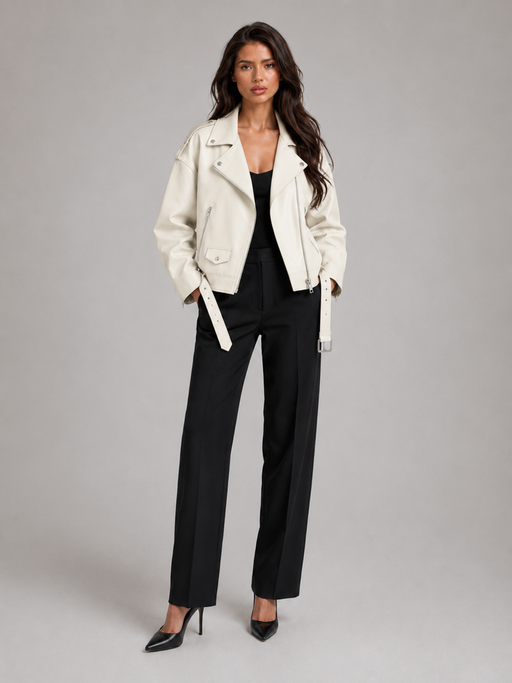 Oversized Faux Leather Biker Jacket with Belted Hem