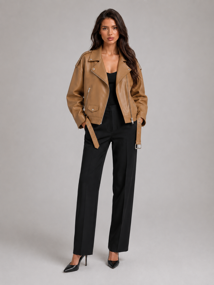 Oversized Faux Leather Biker Jacket with Belted Hem