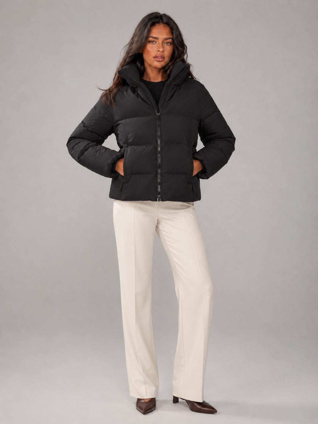 Funnel Neck Quilted Puffer Jacket with Zip Front