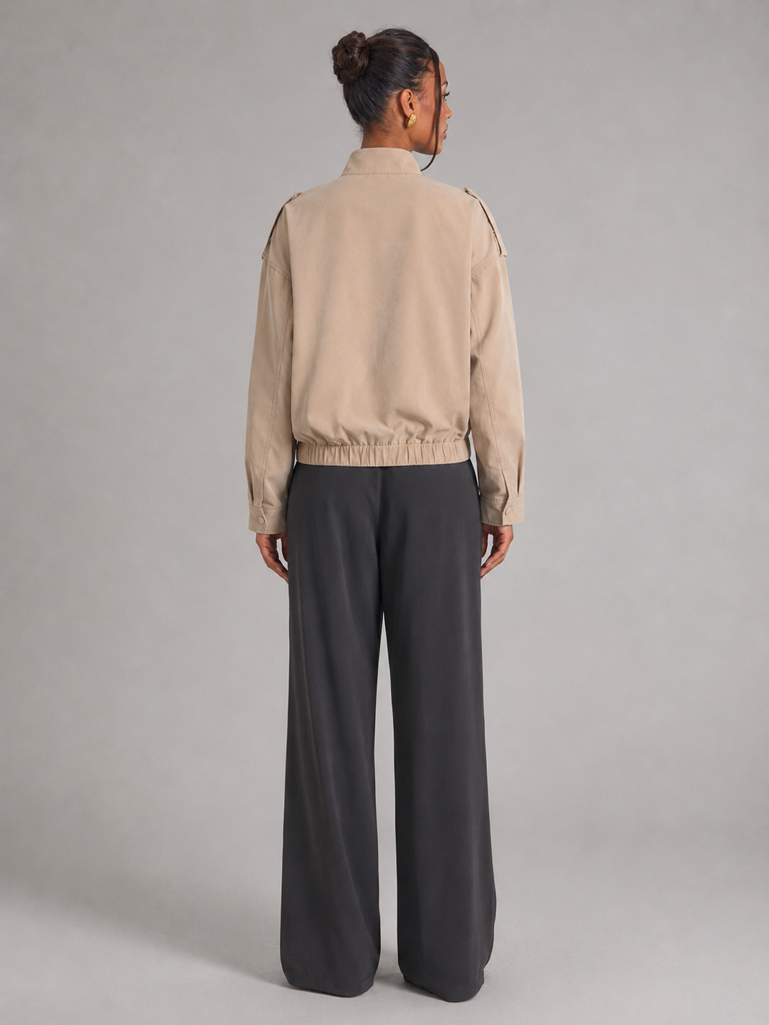 Cropped Utility Jacket with Stand Collar and Zip Placket