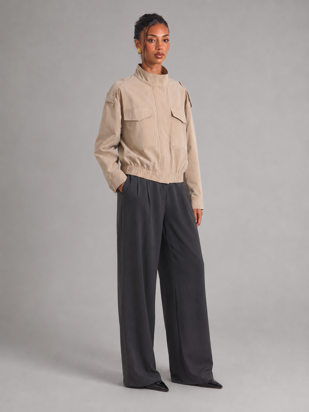 Cropped Utility Jacket with Stand Collar and Zip Placket