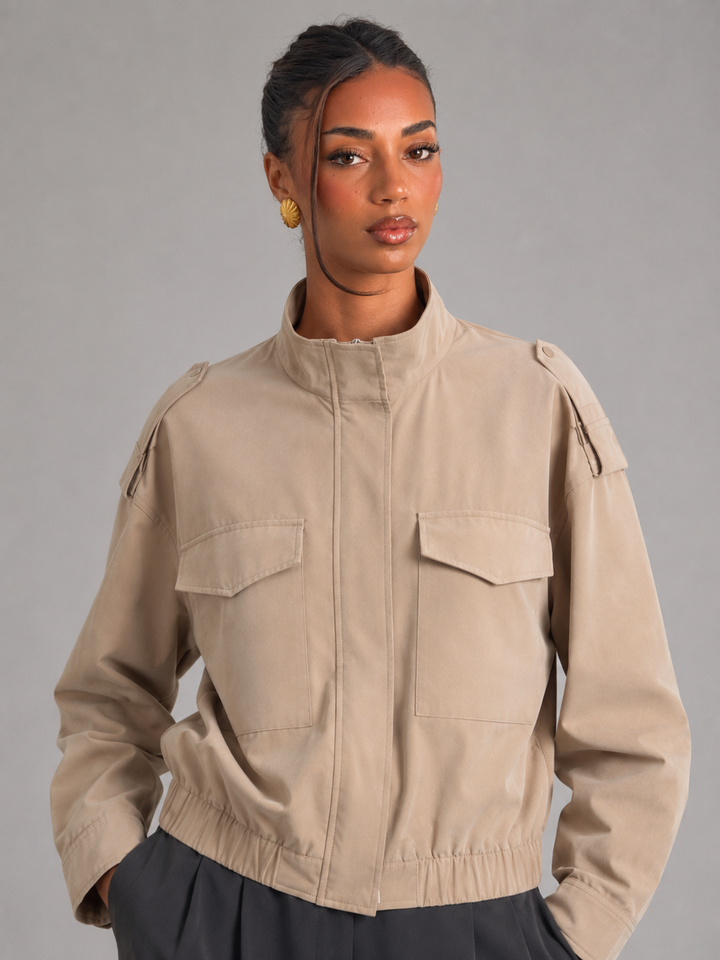 Cropped Utility Jacket with Stand Collar and Zip Placket