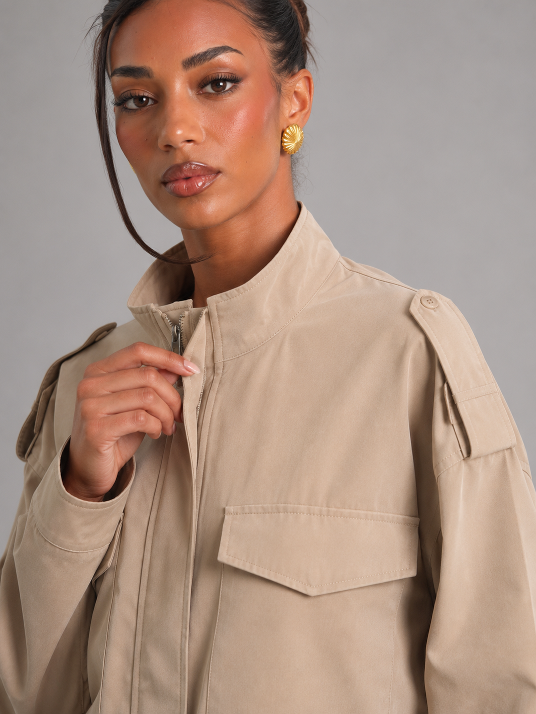 Cropped Utility Jacket with Stand Collar and Zip Placket
