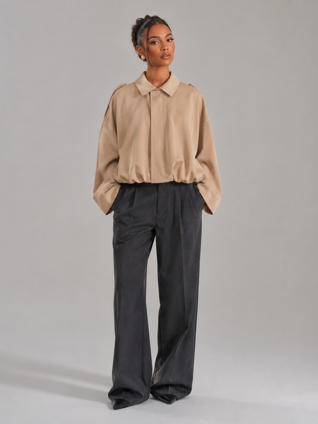 Oversized Cropped Utility Jacket with Shirt Collar