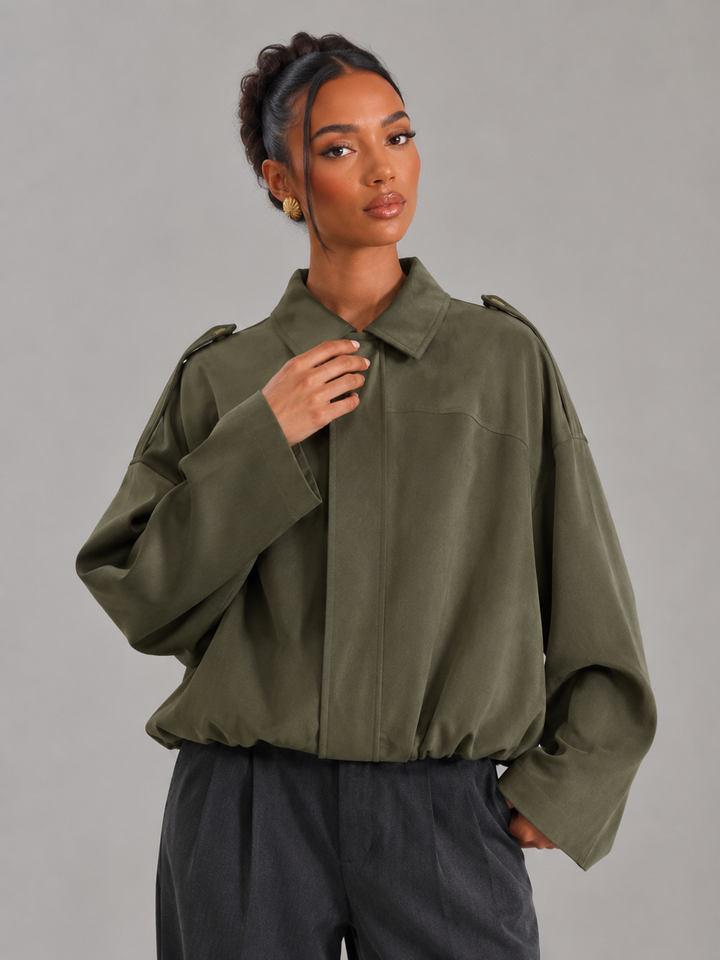 Oversized Cropped Utility Jacket with Shirt Collar