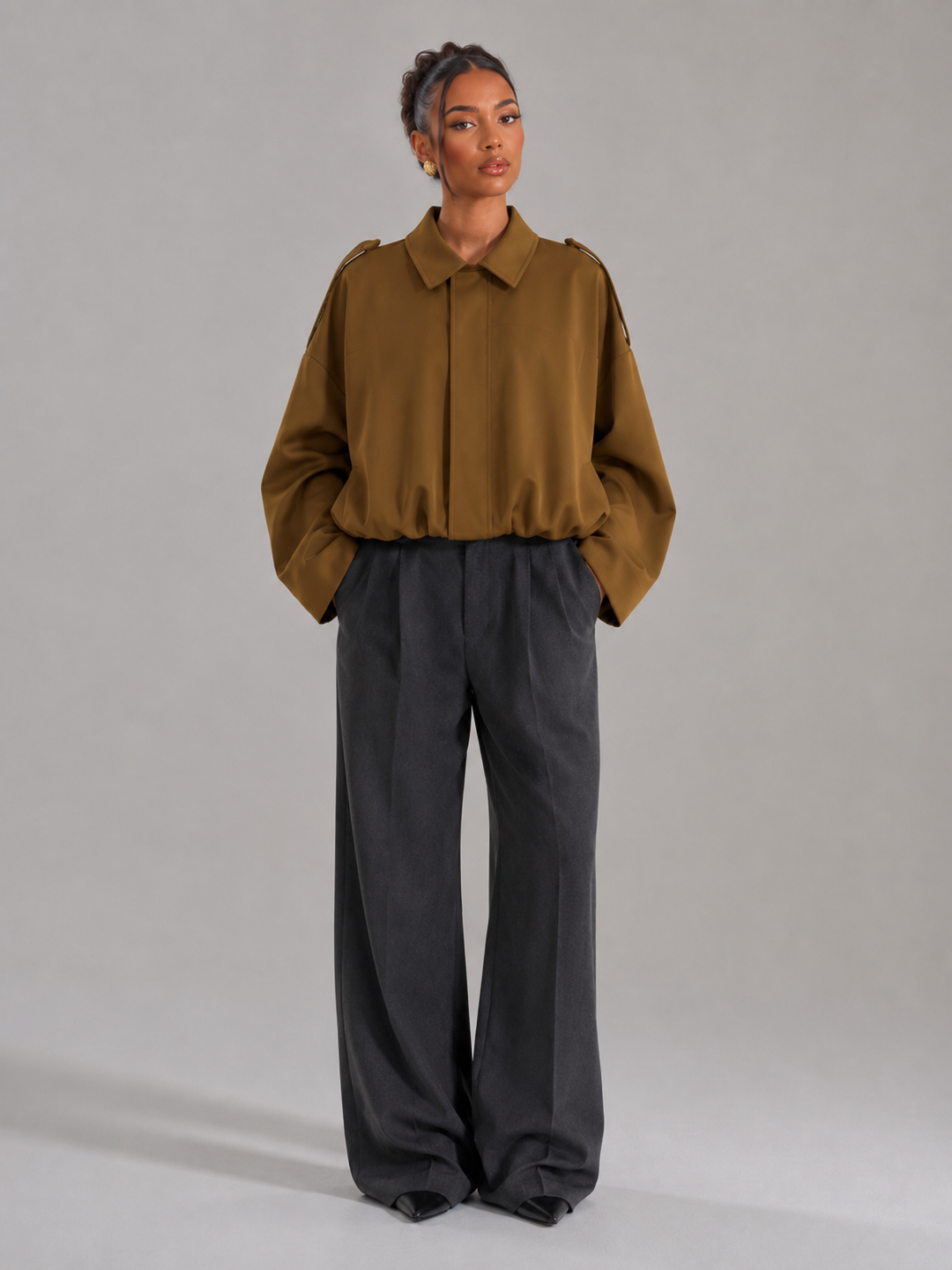 Oversized Cropped Utility Jacket with Shirt Collar