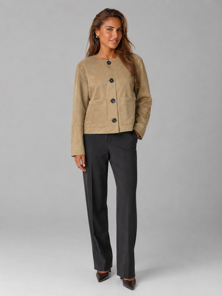Tan Faux Suede Cropped Jacket with Patch Pockets