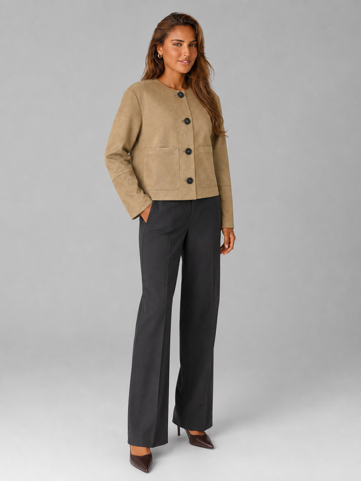 Tan Faux Suede Cropped Jacket with Patch Pockets