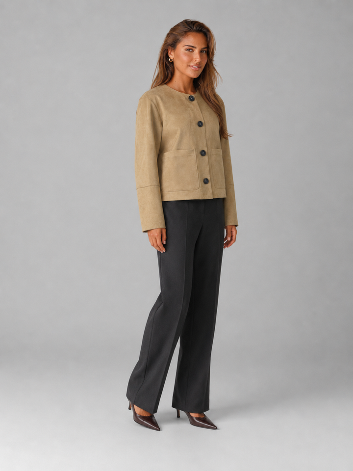 Tan Faux Suede Cropped Jacket with Patch Pockets