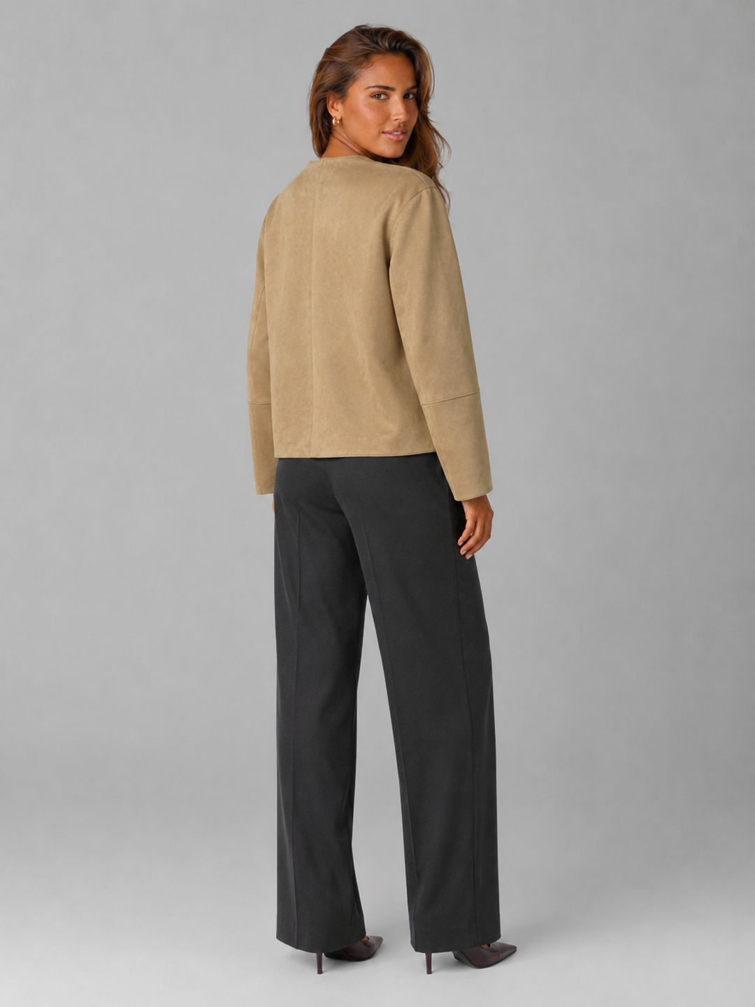 Tan Faux Suede Cropped Jacket with Patch Pockets